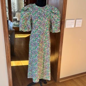 H&M Calf-length floral Balloon-sleeved dress in cotton poplin